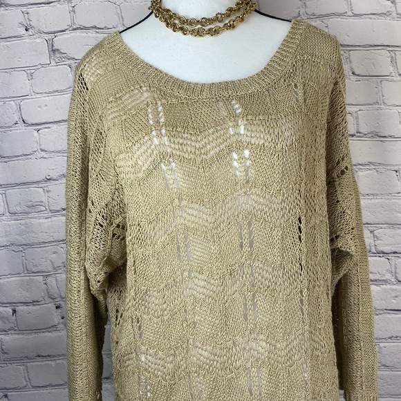 Lucky Brand Gold Loose Knit Boho Bohemian Crew Neck Sweater size Large EUC - Picture 2 of 11